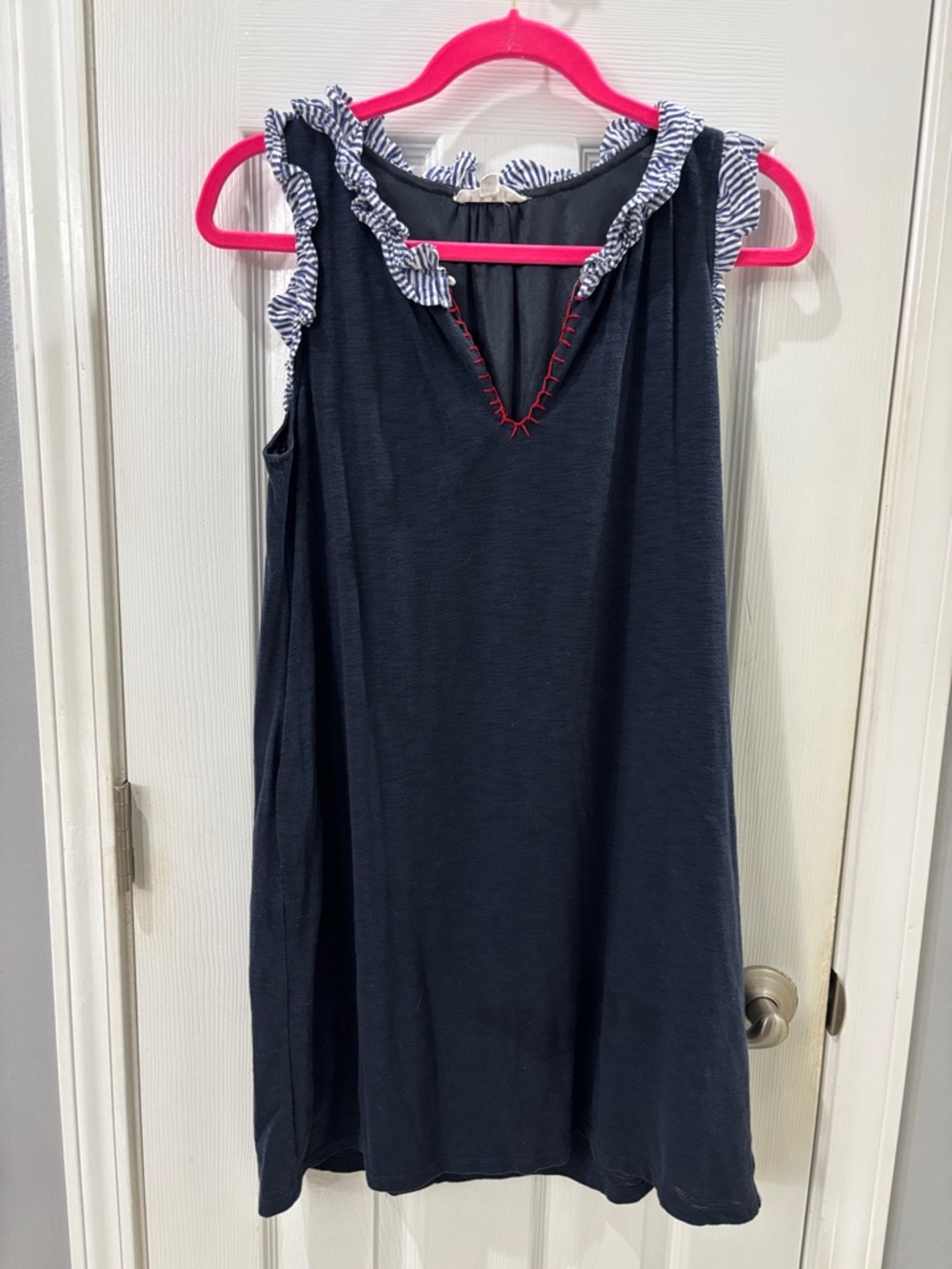 THML Navy Dress with Blue-and-White Striped Ruffle and Pink Accent